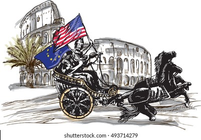 An hand drawn vector illustration. Antiquity as contemporary theme - EU and USA may win together ... APOLLO AND DIANA, palm and Colosseum