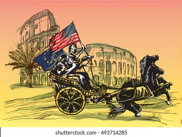 An hand drawn vector illustration. Antiquity as contemporary theme - EU and USA may win together ... APOLLO AND DIANA, palm and Colosseum