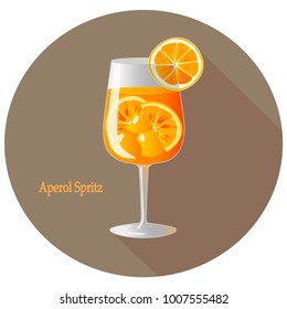 Ilustración vectorial a mano del cóctel de alcohol Aperol Spritz con una decoración de corte cítrico naranja, en un círculo marrón con sombra larga y texto. Menú Barra