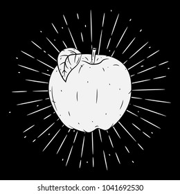 Hand drawn vector illustration with apple and divergent rays. Used for poster, banner, web, t-shirt print, bag print, badges, flyer, logo design and more. 