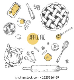 Hand drawn vector illustration of apple pie recipe. Inventory and bake cooking products. Pastry and bakery for fast food menu, cafe decor