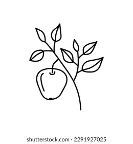 Hand drawn vector illustration of an apple on a branch. Isolated on white background