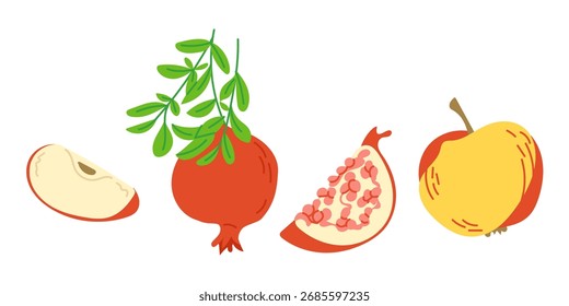 Hand drawn vector illustration of apple, pomegranate and branch with leaves in flat style on white background. Concept of healthy food, harvest and organic fruit design