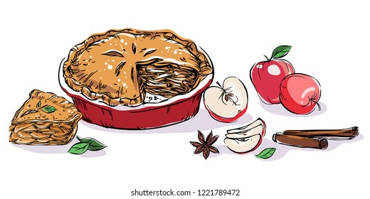 Hand drawn vector illustration with apples, apple pie, cinnamon and star anice