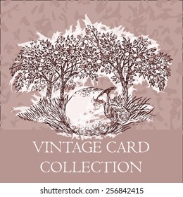 Hand drawn vector illustration, with an apple-tree garden and the fallen apple, vintage card.