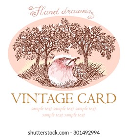 Hand drawn vector illustration, with an apple-tree garden and the fallen apple, vintage card.