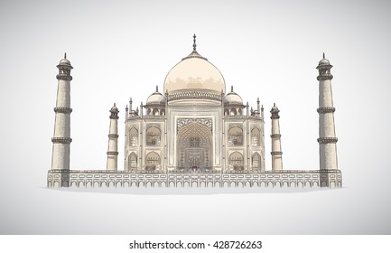 Hand drawn vector illustration. Architecture landmark of Agra, India Taj Mahal.
