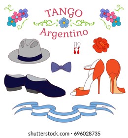 Hand drawn vector illustration with argentine tango design elements - men and women dancing shoes, accessories, traditional Buenos Aires fileteado ornaments. Isolated objects on white background.