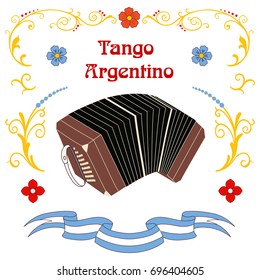 Hand drawn vector illustration with argentine tango design elements - bandoneon, text and traditional Buenos Aires fileteado ornaments. Isolated objects on white background. Concept for dancing.