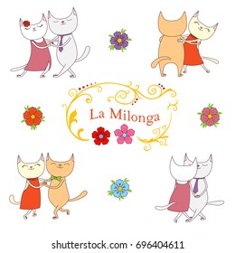 Hand drawn vector illustration with argentine tango design elements - funny cats dancing tango, traditional Buenos Aires fileteado ornaments. Isolated objects on white background. Concept for dance.