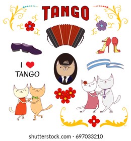 Hand drawn vector illustration with argentine tango design elements - bandoneon, funny cats, shoes, traditional Buenos Aires fileteado ornaments. Isolated objects on white background. Concept dancing.