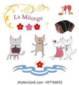 Hand drawn vector illustration with argentine tango design - cats dancing and singing , playing bandoneon, shoes, traditional Buenos Aires fileteado ornaments. Isolated objects on white background.