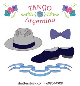 Hand drawn vector illustration with argentine tango design elements - men dancing shoes, hat, bow tie, traditional Buenos Aires fileteado ornaments. Isolated objects on white background. Concept dance