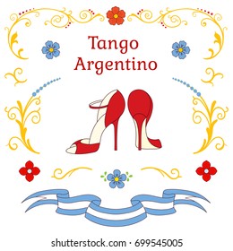 Hand drawn vector illustration with argentine tango design elements - women dancing shoes, text, traditional Buenos Aires fileteado ornaments. Isolated objects on white background. Concept for dance.