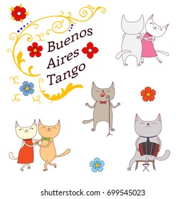 Hand drawn vector illustration argentine tango design elements - funny cats dancing and singing , playing bandoneon, traditional Buenos Aires fileteado ornaments. Isolated objects on white background.
