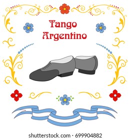 Hand drawn vector illustration with argentine tango design elements - men dancing shoes, text, traditional Buenos Aires ornaments. Isolated objects on white background. Concept for dance.