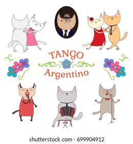 Hand drawn vector illustration argentine tango design elements - funny cats dancing and singing, playing bandoneon, traditional Buenos Aires fileteado ornaments. Isolated objects on white background.