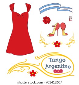 Hand drawn vector illustration argentine tango design elements - women dancing shoes and clothes, earrings, flower, traditional Buenos Aires fileteado ornaments. Isolated objects on white background.