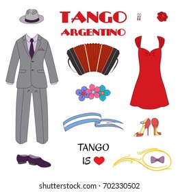 Hand drawn vector illustration with argentine tango design elements - bandoneon, dancing shoes and vintage clothes, text, flowers. Isolated objects on white background. Concept for dancing.