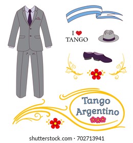 Hand drawn vector illustration with argentine tango design elements - men dancing shoes, hat, suit, traditional Buenos Aires fileteado ornaments. Isolated objects on white background. Concept dance.