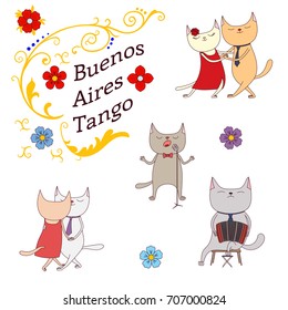 Hand drawn vector illustration argentine tango design elements - funny cats dancing and singing , playing bandoneon, traditional Buenos Aires fileteado ornaments. Isolated objects on white background.