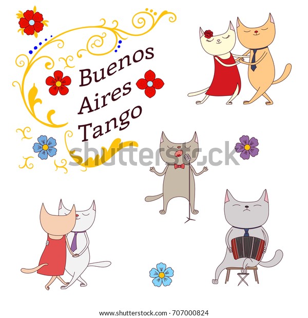 Hand drawn vector illustration argentine\
tango design elements - funny cats dancing and singing , playing\
bandoneon, traditional Buenos Aires fileteado ornaments. Isolated\
objects on white\
background.