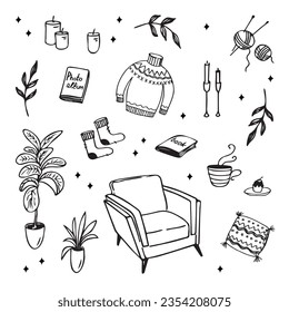 Hand drawn vector illustration with armchair, candles, plants, sweater, socks, hot drink, knitting, stars. Concept of cozy life, hygge house, Scandinavian motif, hobby relaxation harmonious lifestyle 