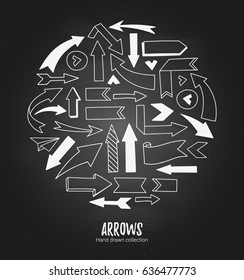 Hand drawn vector illustration - arrow collection. Sketch. White design elements on a blackboard background. Perfect for advertising and business presentations, cards, blogs, posters etc.