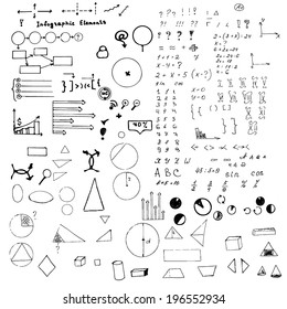 Hand drawn vector illustration: arrows, business, elements, geometric shapes, formula. infographic.