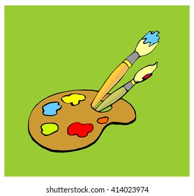 Hand drawn vector illustration of an artist palette with paints and two brushes. Hobby,painting,art theme.