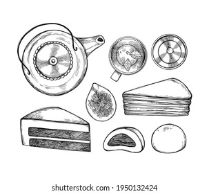 Hand drawn vector illustration. Asian routine. Traditional tea with teapot, tea cups, gaiwan, tea. top view. Matcha cakes. Perfect for menu and flyers for cafes, restaurants