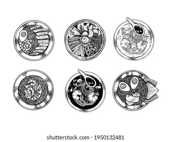 Hand drawn vector illustration. Asian food. Different types of ramen, noodle, tom yam soup, bibimbap with shrimp, salmon and vegetables. Perfect for menu and flyers for cafes, restaurants.