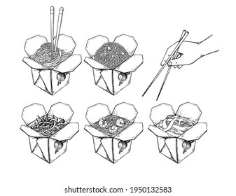 Hand drawn vector illustration. Asian food. Different types of work, noodle, rice with shrimp, salmon and vegetables. Hands with chinese chopsticks. Perfect for menu and flyers for cafes, restaurants