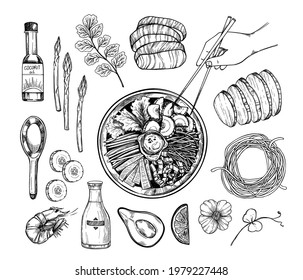 Hand drawn vector illustration. Asian food. Noodles and different vegetables, pork, salmon, coconut oil, herbs. Hand with chinese chopsticks. Perfect for menu and flyers for cafes, restaurants