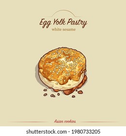 Hand drawn vector illustration of Asian sesame pastry. Decorative artistic ornamental hand drawing white sesame pastry by line and dots, sketch style.
