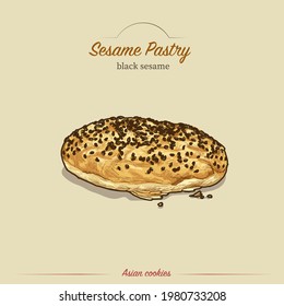 Ilustración vectorial dibujada a mano de la pasta de sésamo asiática. Decorativo artístico ornamental dibujando pasta de sésamo negro por línea y puntos, estilo boceto.