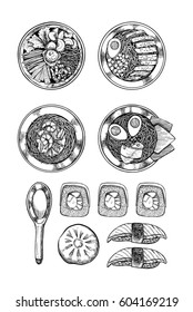 Hand drawn vector illustration - Asian cuisine. Ramen and some dishes. Perfect for restaurant brochure, cafe flyer, delivery menu. Illustrations in sketch style