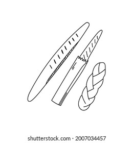 Hand drawn vector illustration of assorted bread – French baguette, breaded loaf, slice of white bread. Cartoon doodle style isolated on white background
