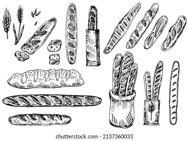 Hand drawn vector illustration of assorted bread French baguette, breaded loaf, slice of white bread. Cartoon doodle style isolated on white background