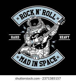 Hand Drawn Vector Illustration Astronaut Guitar Rock in Space Patch Emblem Badge Design Style