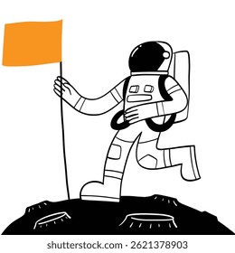 Ilustração vetorial desenhada à mão de um astronauta de pé com uma bandeira na Lua.