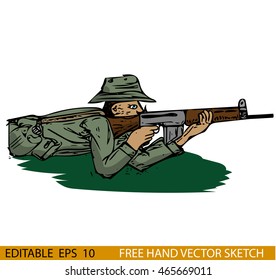 Hand drawn vector illustration of an Australian soldier in the Vietnam War