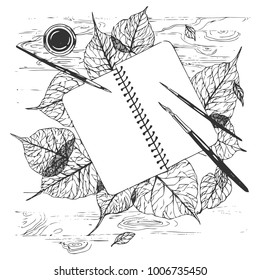 Hand drawn vector illustration with autumn leaves and notebook 