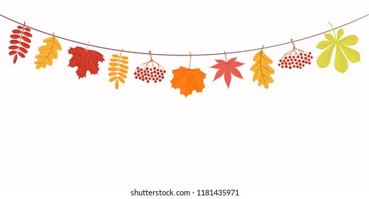 Hand drawn vector illustration with autumn leaves hanging on a string. Isolated objects on white background. Flat style design. Concept for seasonal banner, poster, card.