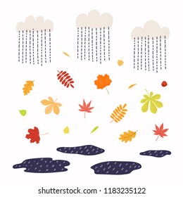 Hand drawn vector illustration with autumn leaves in the rain. Isolated objects on white background. Flat style design. Concept for seasonal banner, poster, card.