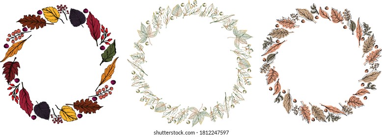 Hand drawn vector illustration. Autumn Wreath and frames. Fall leaves. Perfect for wedding invitations, greeting cards, blogs, prints and more