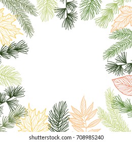 Hand drawn vector illustration - Autumn frame. Forest Spruce branches and fall leaves. Design elements for invitations, greeting cards, quotes, blogs, posters, prints 