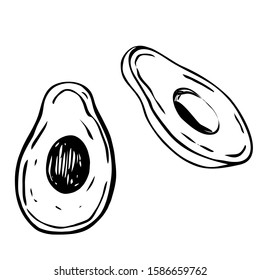 Hand drawn vector illustration, avocado cut, sketch, drawing, simple, easy, elementary, primitive, black lines on white. For kitchen decor, menu.