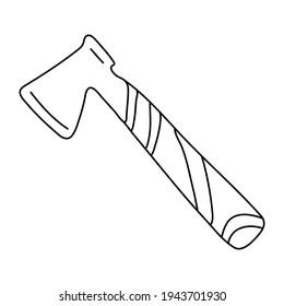 Hand drawn vector illustration of a axe in doodle style on white background. Isolated black outline. Camping  equipment and work tool.