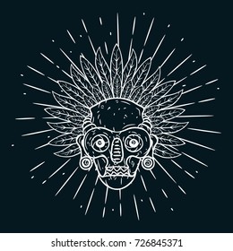 Hand drawn vector illustration with Aztec mask and divergent rays on blackboard. Used for poster, banner, web, t-shirt print, bag print, badges, flyer, logo design and more. 